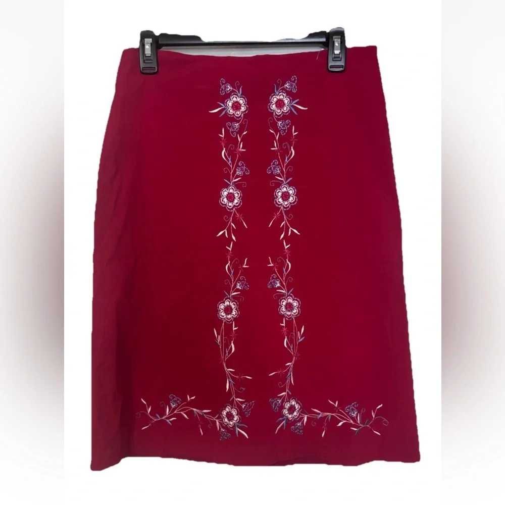 Poleci Embroidered Skirt Womens Sz 8 Vintage Stretch Red Made In USA 90s 80s